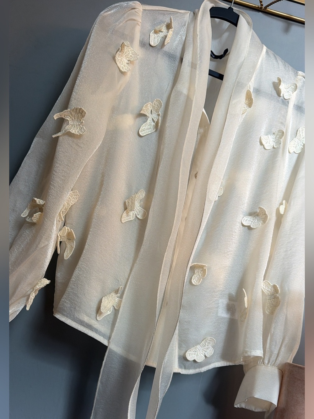 Sheer Cream Butterfly Blouse Size Medium 3D Applique Fairycore Tie Neck